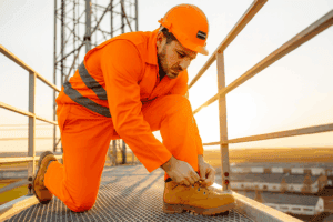 Construction worker in orange safety gear tying boots